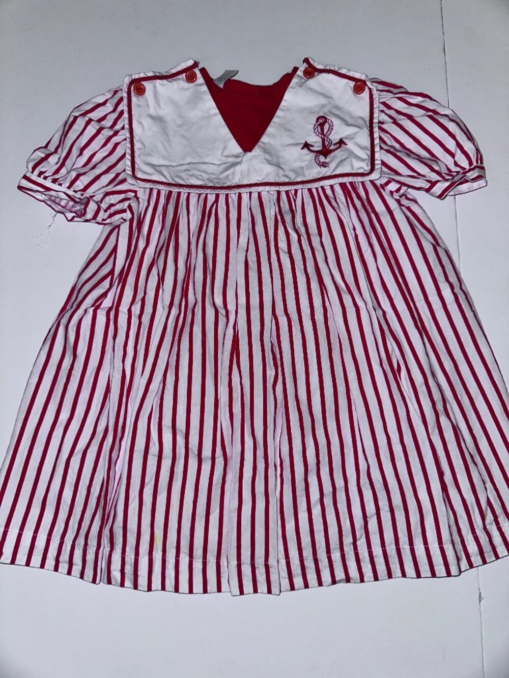 VTG Sailor Dress 3T Embroidered Anchor Puff Sleeve Nautical Red Made In Italy